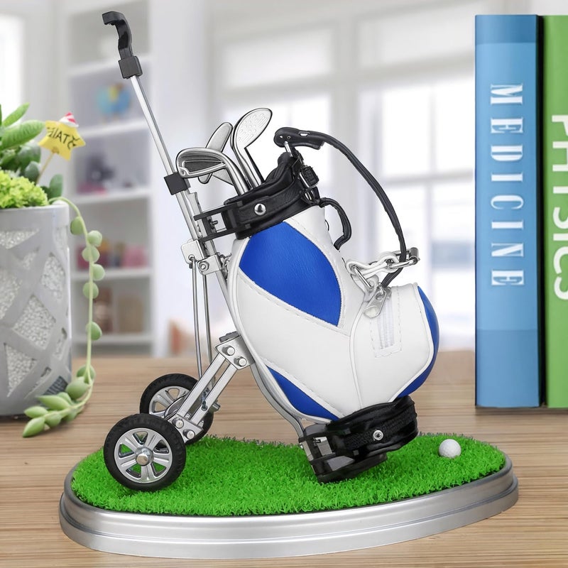 10L0L Golf Pen Holder 3 Club Pens & Movable Cart, Mini Golf Bag Desk Decor for Office, Funny Gifts for Men, Dad, Boss Stocking Stuffers for Golfers on Birthday, Christmas, Fathers Day (Blue) - Image 2